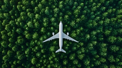 Eco Friendly Jet Plane Soaring Over Lush Green Forest in Clean Skies