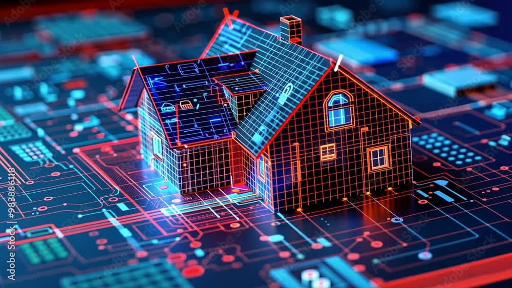 Aufkleber A futuristic smart home is depicted in glowing lines against a vibrant circuit board background, illustrating advancements in technology and home automation.