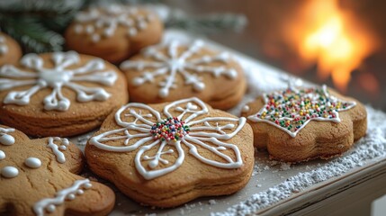 Christmas Gingerbread Cookies with Icing and Sprinkles on Wooden Table