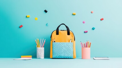 Fototapeta premium A colorful backpack filled with school supplies like notebooks, pencils, and crayons, ready for the first day of school.