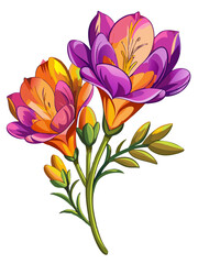 Vibrant Freesia Flower Illustration with Multicolored Petals in Pink, Yellow, and Orange - Ideal for Spring and Summer Floral Themes, Freesia Illustration, Freesia Flower vector Illustration