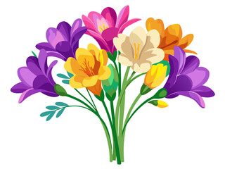 Vibrant Freesia Flower Illustration with Multicolored Petals in Pink, Yellow, and Orange - Ideal for Spring and Summer Floral Themes, Freesia Illustration, Freesia Flower vector Illustration