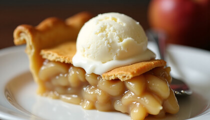 Close-up of a slice of apple pie, served warm with a scoop of vanilla ice cream on top.