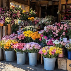 Fototapeta premium Flower market stall with buckets of freshly cut flowers, vibrant colors, and a charming, rustic ambiance, bustling floral environment