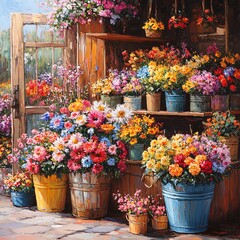 Fototapeta premium Flower market stall with buckets of freshly cut flowers, vibrant colors, and a charming, rustic ambiance, bustling floral environment