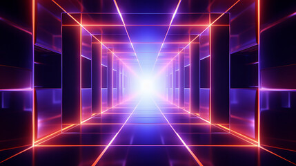 Obraz premium Sci Fy neon glowing lines in a dark tunnel. Reflections on the floor and ceiling. Empty background in the center.