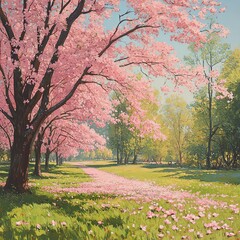 Flowering dogwood trees in a quiet park, soft pastel colors and fallen petals on the grass, serene and calming atmosphere
