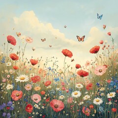 Obraz premium Wildflower meadow with a mix of daisies, poppies, and cornflowers, butterflies fluttering around, and a soft, pastel sky, whimsical floral landscape