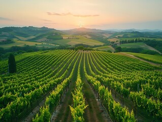 Birdseye view of a mazelike vineyard in Tuscany with rows of grapevines stretching across rolling hills under a clear bright sky