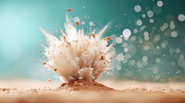 Bullet Impacting Sand. A captivating image of a bullet striking sand, capturing the resulting explosion of sand and dust, and the impact crater created by the bullet.