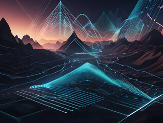 A virtual reality landscape with data streams and glowing geometric shapes, representing digital immersion 