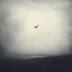 Fototapeta premium A grey landscape with a lone bird flying away, representing departure and separation, [sadness], [grief of loss].