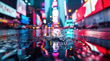 A captivating image of a city street at night, showcasing the vibrant glow of neon signs and illuminated buildings.