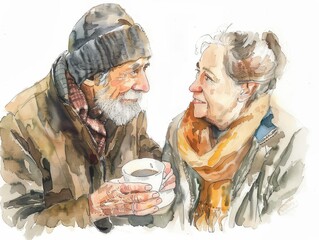 The happiness of senior couples who take care of each other until they are old. Couple's lifestyle.  Watercolor painting.