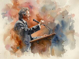 The scholar stood on the podium and began to lecture. Watercolor painting.