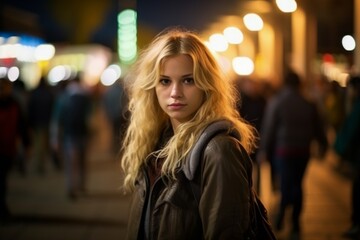 A blonde woman stands in a crowd of people, wearing a brown jacket