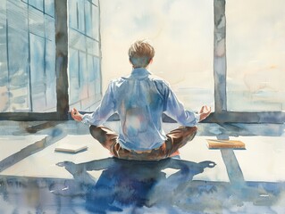 Watercolor painting of a young man meditating facing a glass window through which sunlight streams.