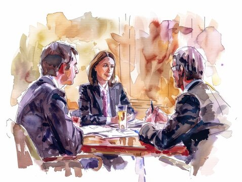 Executives are discussing and making decisions about business operations. Watercolor painting.