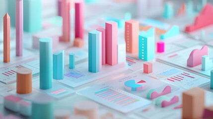 A vibrant 3D financial dashboard featuring colorful graphs, charts, and data visualizations. scene includes various geometric shapes representing data analysis and insights