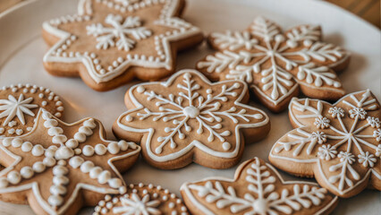 Rustic gingerbread snowflake cookies with white icing, traditional holiday dessert