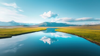 A wide river flows majestically through a vast landscape, reflecting the blue sky and fluffy clouds.