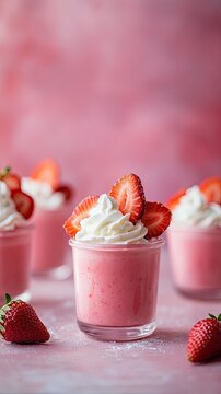 vertical format, Creamy strawberry mousse served in glasses with whipped cream and fresh strawberries on a soft pink background