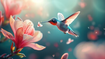 Naklejka premium A single hummingbird hovering near a vibrant flower, wings a blur of motion.