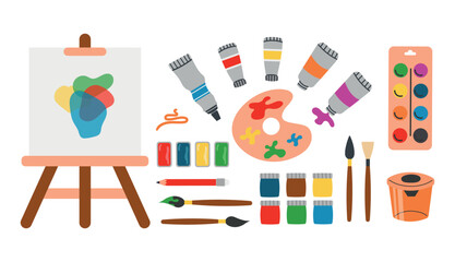 Artist set easel, paints, brushes, pencils. Vector for drawing lessons, artist equipment