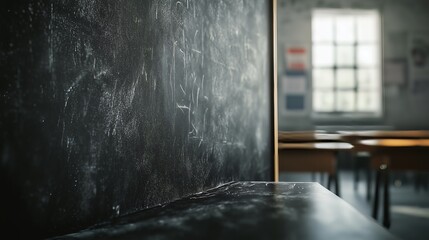 Fototapeta premium A close-up of a worn black chalkboard evokes nostalgia, inviting creativity in a sunlit classroom.