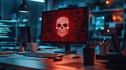 Computer monitor displays ominous skull in dark office setting