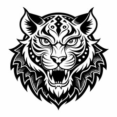 Obraz premium Intricate Black and White Tiger Head Illustration with Tribal Design Elements