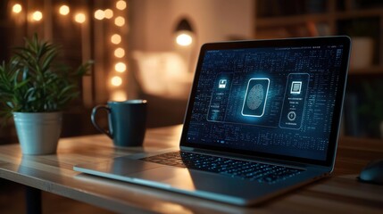 Laptop displaying secure login interface with biometric authentication in cozy office setting