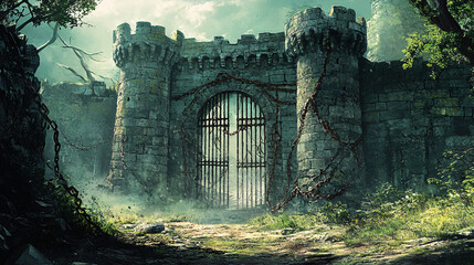 Naklejka premium An ancient fortress with enormous stone gates, sealed by rusted chains and overgrown by thorny vines.