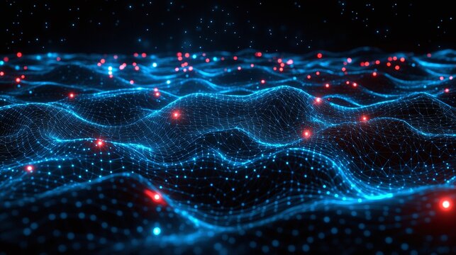 A mesmerizing abstract representation of digital waves with glowing particles in a dark space, perfect for tech and futurism.
