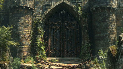 Naklejka premium An ancient fortress with enormous stone gates, sealed by rusted chains and overgrown by thorny vines.