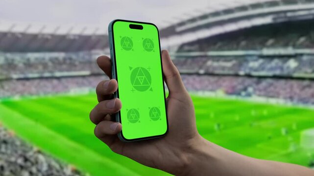 An adult male hand holding a green-screen phone in a stadium, perfect for betting or live sports scores