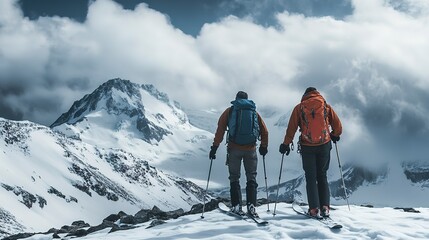Back view of unrecognizable men with ski on snow-capped mountain on cloudy day 