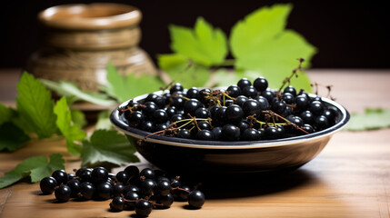 HD stock photo of a vase of blackcurrants on a plate on a wooden table with lush landscape backgrounds, bokeh panorama, and a play of light and shadow, capturing contemplative absurdity