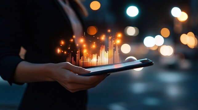 Analyzing Morning Commute Financial Trends Close-up of Bar Charts and Documents on Tablet - Powered by Adobe