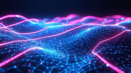 A stunning abstract representation of a digital landscape, showcasing vibrant waves of blue and pink light in a mesh pattern.