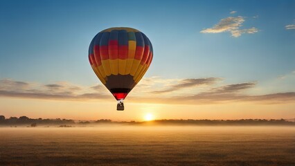 Naklejka premium Hot air balloon at sunrise, in a wide field, calm atmosphere