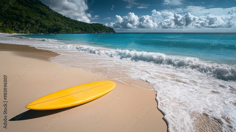 Canvas Prints A vibrant yellow surfboard rests on a beautiful beach, surrounded by gentle waves and soft sandy shore. 