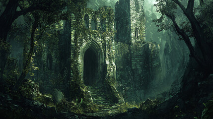 Naklejka premium An ancient castle slowly being consumed by a dark, haunted forest, with vines creeping over the walls.