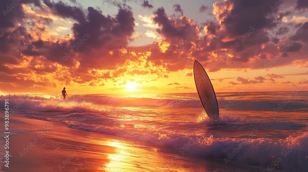 Wall mural a surfboard sticking out of the water as the sun sets over a beach with waves crashing on the shore and a surfer standing in the surfboard in the foreground