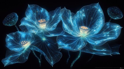 Naklejka premium Glowing Blue Lotus Flower with Veins and Seeds on Black Background