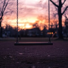 An empty swing in a desolate playground at sunset, evoking memories of loss, [nostalgia], [grief, childhood loss].