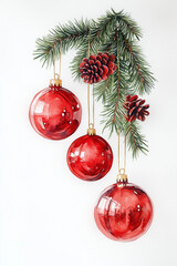 Three shimmering red baubles hang from a pine branch, adorned with pine cones for a touch of natural beauty. Perfect for creating Christmas-themed designs, greeting cards,