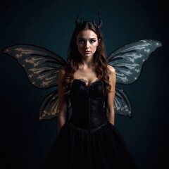 Enchanting portrait of a young woman in a dark fairy costume with glittering wings glowing in the moonlight isolated on dark solid color background