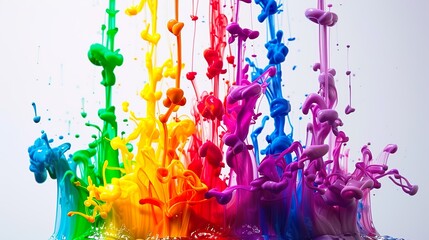 A cascade of rainbow-colored ink spreading through water, with each color distinctly visible against the white background.