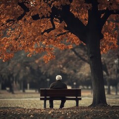 An old man sitting alone on a park bench under a tree losing its leaves, [loneliness], [grief in old age].